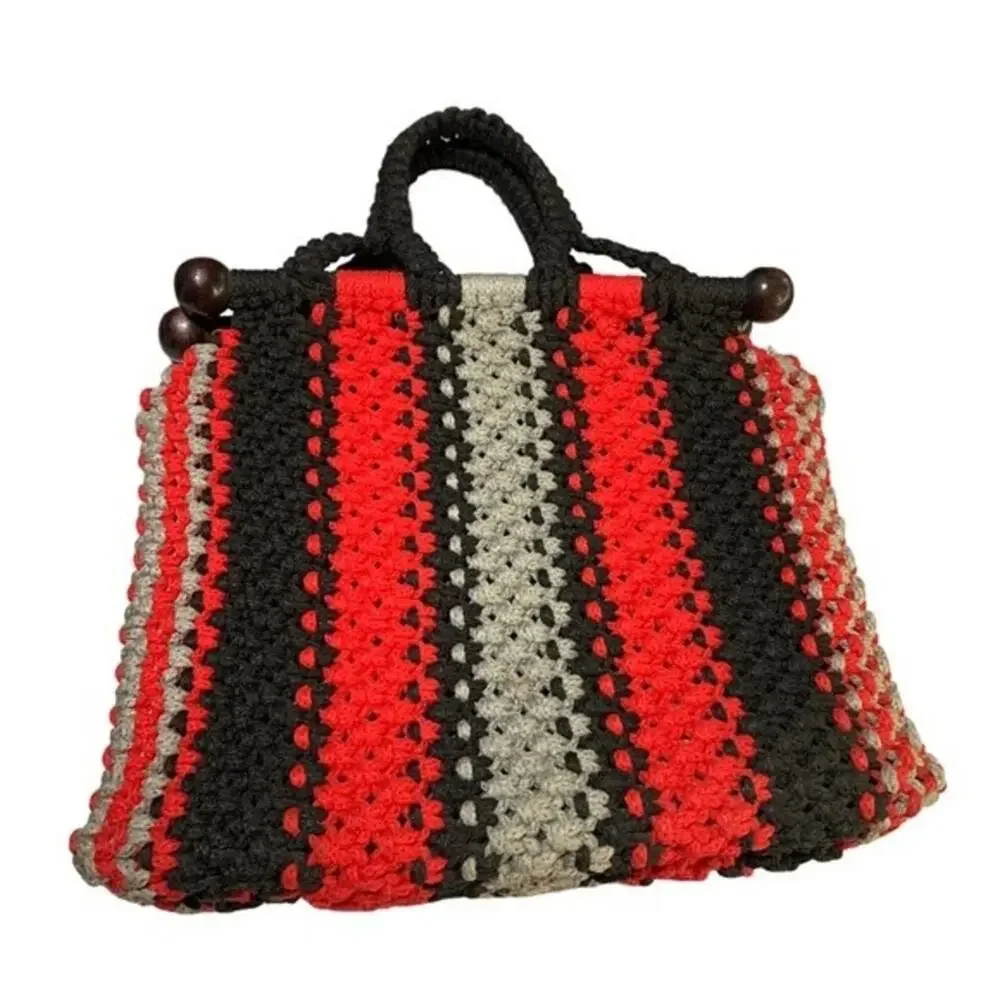 Crochet Red Black Gray Purse Handbag with Dark Wood Embellishments. Handmade